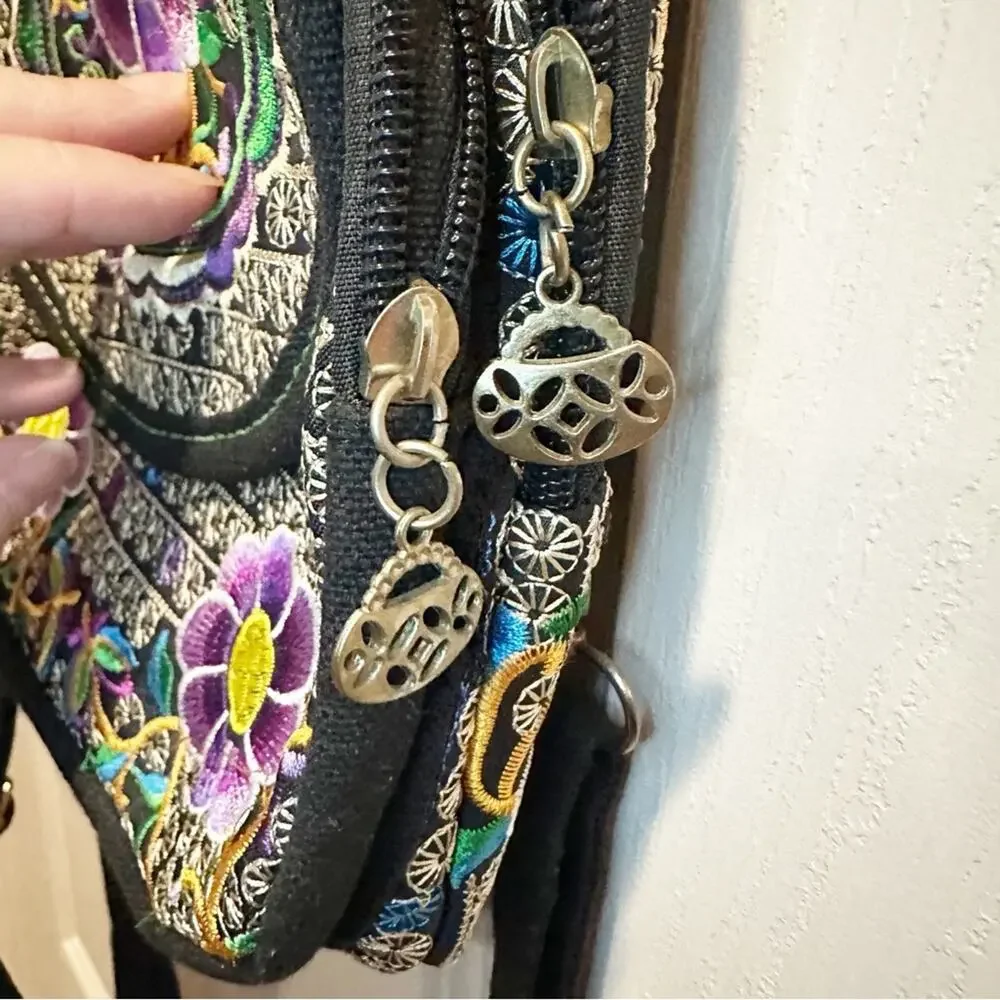 Floral Embroided Backpack Boho Bohemian Black Purple Mexican